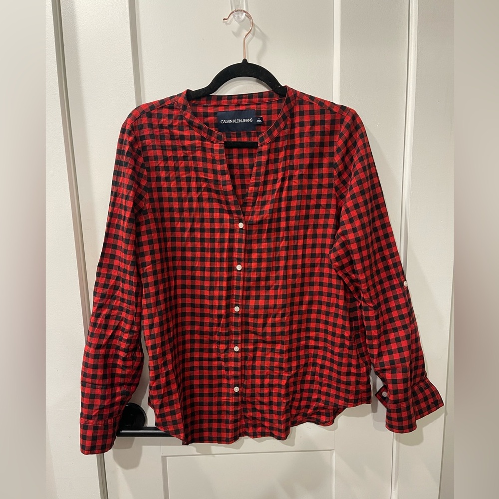 Calvin Klein Jeans Women's Red/Black Light Flannel Button-up Shirt